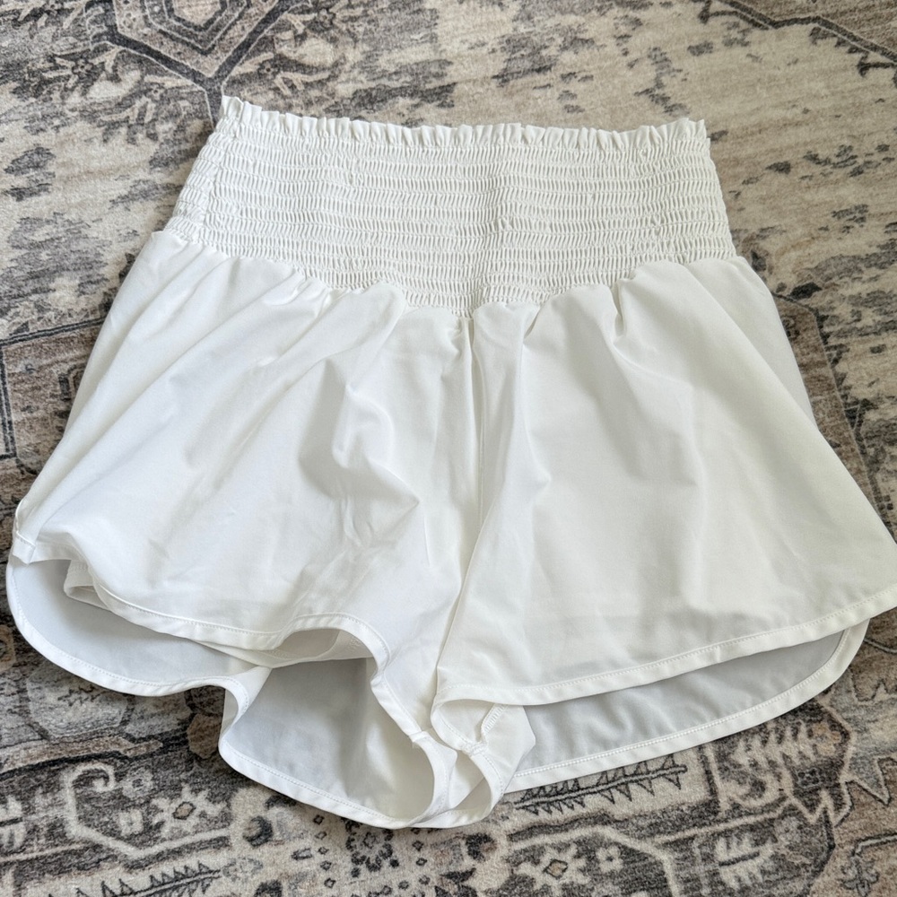 Aerie High Waist White Smocked Shorts
